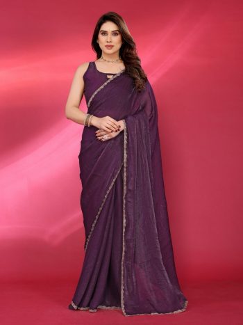 FANCY JIMMY CHOO PLAIN WITH DECORATIVE LACE WORK SAREE WITH UNSTITCHED BLOUSE PURPLE