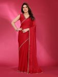 FANCY JIMMY CHOO PLAIN WITH DECORATIVE LACE WORK SAREE WITH UNSTITCHED BLOUSE RED