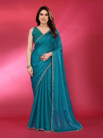FANCY JIMMY CHOO PLAIN WITH DECORATIVE LACE WORK SAREE WITH UNSTITCHED BLOUSE SKY