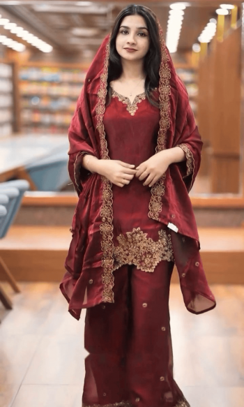 FANCY JIMMY CHOO SILK EMBROIDERY SEQUENCE WORK TOP PALAZZO WITH DUPATTA MAROON