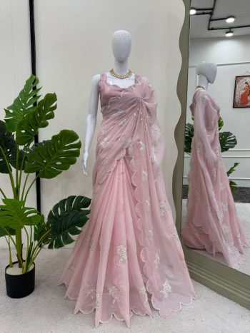 FANCY JIMMY CHOO THREAD SEQUENCE WORK SAREE WITH UNSTITCHED BLOUSE BABY PINK