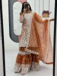 FANCY LILY NET EMBROIDERY CODING  AND SEQUENCE WORK TOP SHARARA WITH DUPATTA  ORANGE