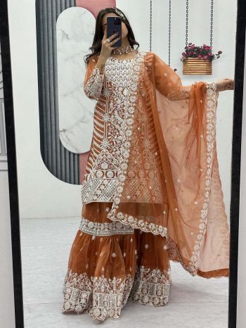 FANCY LILY NET EMBROIDERY CODING  AND SEQUENCE WORK TOP SHARARA WITH DUPATTA  ORANGE