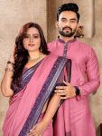 FANCY LINEN SILK JACQUARD PRINT MEN’S KURTA AND WOMEN’S SAREE WITH UNSTITCHED BLOUSE COUPLE COMBO FESTIVE WEAR WHOLESALE PRICE ETHNIC GARMENT (16)