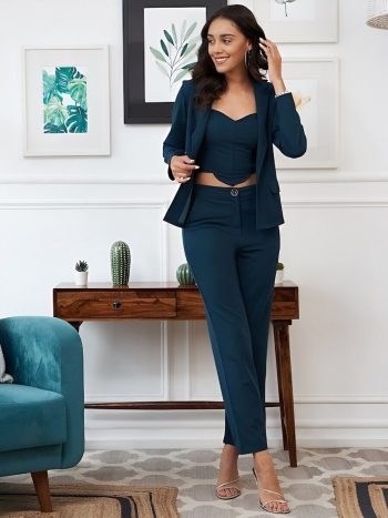 FANCY LYCRA PLAIN FORMAL WEAR FULL STITCHED TOP PANT WITH BLAZER TEAL
