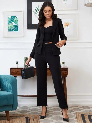 FANCY LYCRA PLAIN FORMAL WEAR FULL STITCHED TOP PANT WITH BLAZER BLACK
