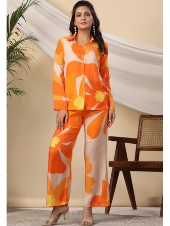 FANCY MUSLIN FLORAL PRINTED STITCHED CO-ORD SET ORANGE