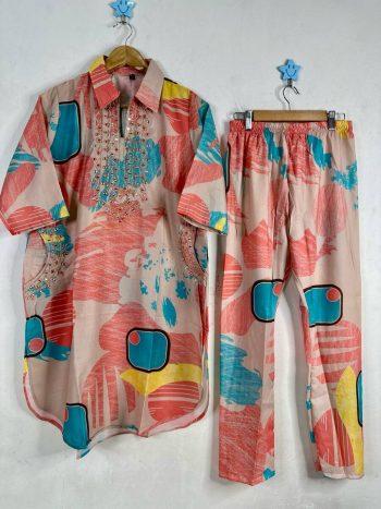 FANCY MUSLIN SILK DIGITAL PRINTED WITH ZARI AND ORIGINAL MIRROR HANDWORK CO-ORD SET PEACH