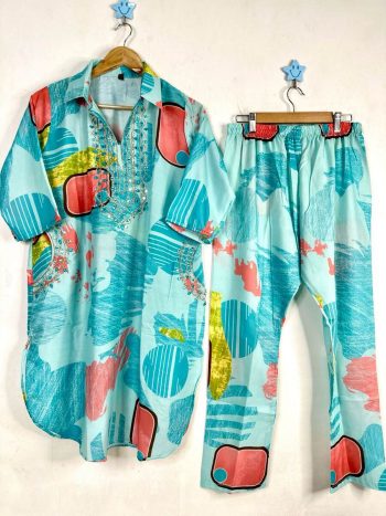 FANCY MUSLIN SILK DIGITAL PRINTED WITH ZARI AND ORIGINAL MIRROR HANDWORK CO-ORD SET SKY