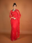 FANCY NET SEQUENCE THREAD JHALAR LACE WORK SAREE WITH UNSTITCHED BLOUSE RED