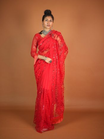 FANCY NET SEQUENCE THREAD JHALAR LACE WORK SAREE WITH UNSTITCHED BLOUSE RED
