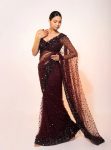 FANCY NET WITH HOLOGRAM SEQUENCE & THREAD WORK SAREE WITH UNSTITCHED BLOUSE MAROON