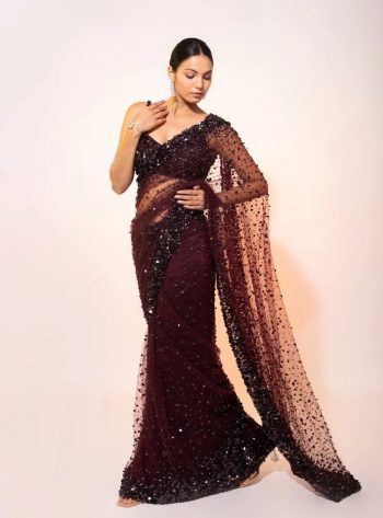 FANCY NET WITH HOLOGRAM SEQUENCE & THREAD WORK SAREE WITH UNSTITCHED BLOUSE MAROON
