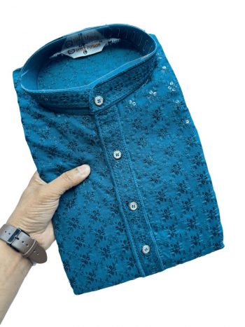 FANCY RAYON CHIKANKARI SEQUENCE THREAD EMBROIDERY WORK MEN'S KURTA WITH PAYJAMA SKY