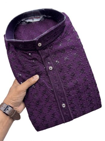 FANCY RAYON CHIKANKARI SEQUENCE THREAD EMBROIDERY WORK MEN'S KURTA WITH PAYJAMA WINE