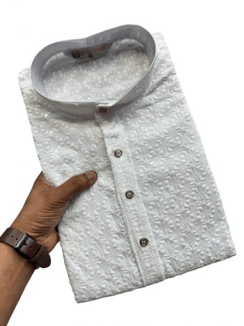 FANCY RAYON CHIKANKARI SEQUENCE THREAD EMBROIDERY WORK MEN'S KURTA WITH PAYJAMA WHITE