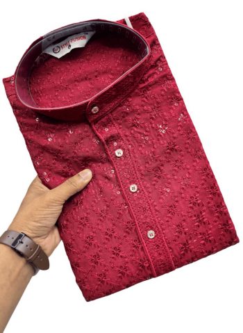 FANCY RAYON CHIKANKARI SEQUENCE THREAD EMBROIDERY WORK MEN'S KURTA WITH PAYJAMA MAROON