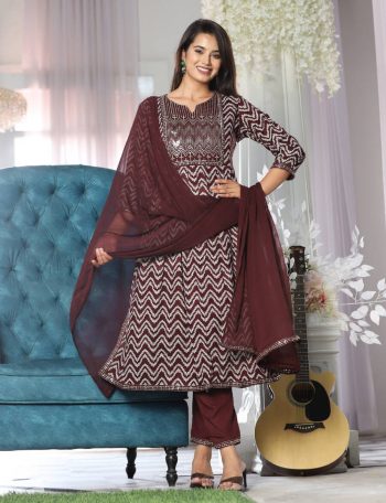 FANCY RAYON PRINTED EMBROIDERY SEQUENCE WORK NAYRA CUT TOP BOTTOM WITH DUPATTA MAROON