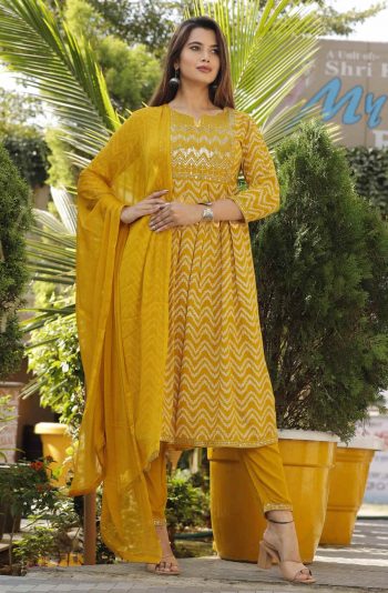 FANCY RAYON PRINTED EMBROIDERY SEQUENCE WORK NAYRA CUT TOP BOTTOM WITH DUPATTA YELLOW