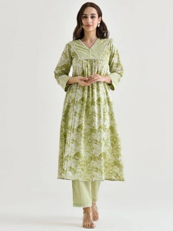 FANCY RAYON SLUB PRINTED WITH MOTI AND LACE WORK TOP BOTTOM SET MEHNDI