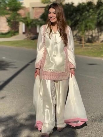 FANCY ROMAN SILK SEQUENCE EMBROIDERY ON MONO BANGLORI SILK FOR BORDER AND PEARL TASSELS WORK TOP PATIYALA WITH DUPATTA WHITE