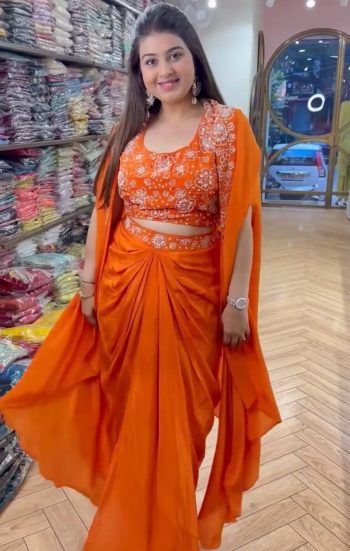 FANCY SATIN SILK THREAD SEQUENCE WORK PLEATED DOTI BLOUSE WITH KOTI ORANGE