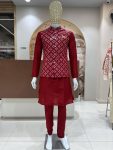 FANCY SILK EMBROIDERY WORK MEN'S KURTA PAYJAMA WITH KOTI  RED