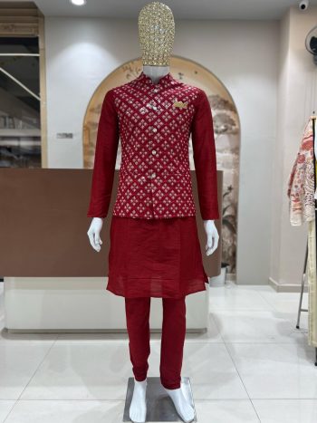 FANCY SILK EMBROIDERY WORK MEN'S KURTA PAYJAMA WITH KOTI  RED