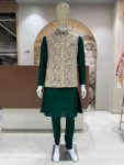 FANCY SILK EMBROIDERY WORK MEN'S KURTA PAYJAMA WITH KOTI  GREEN