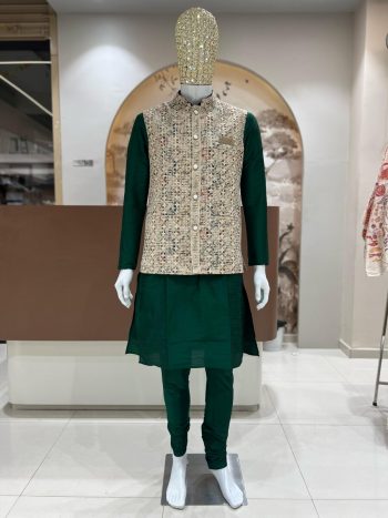 FANCY SILK EMBROIDERY WORK MEN'S KURTA PAYJAMA WITH KOTI  GREEN