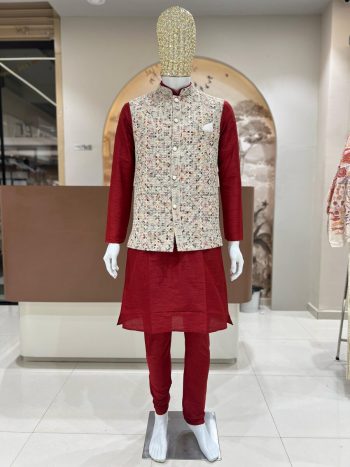 FANCY SILK EMBROIDERY WORK MEN'S KURTA PAYJAMA WITH KOTI  RED