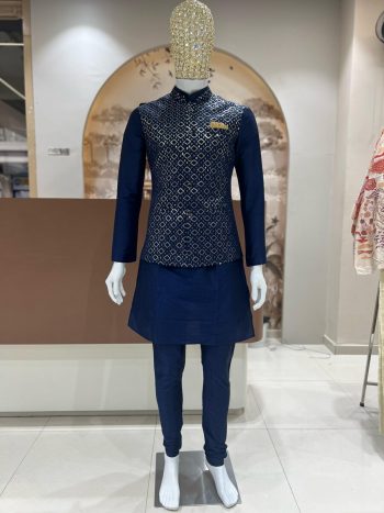 FANCY SILK EMBROIDERY WORK MEN'S KURTA PAYJAMA WITH KOTI  NAVY BLUE