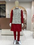 FANCY SILK EMBROIDERY WORK MEN'S KURTA PAYJAMA WITH KOTI  RED