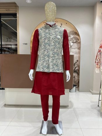FANCY SILK EMBROIDERY WORK MEN'S KURTA PAYJAMA WITH KOTI  RED