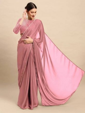 FANCY STAR GEORGETTE PEARL LACE BORDER WORK SAREE WITH UNSTITCHED BLOUSE  PEACH