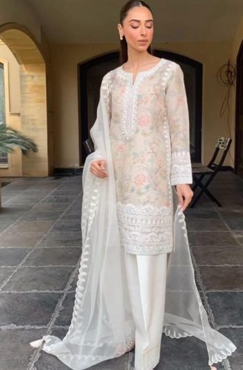 FANCY TABBY ORGANZA PRINTED WITH EMBROIDERY WORK TOP PATIYALA WITH DUPATTA  WHITE