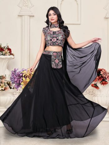 FANCY TABBY SILK MULTICOLOR EMBROIDERY SEQUENCE WORK LEHENGA BLOUSE WITH DUPATTA BLACK