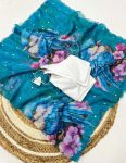 FANCY TABBY SILK PRINTED HANDWORK SAREE WITH UNSTITCHED BLOUSE SKY