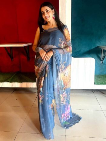 FANCY TABBY SILK PRINTED WITH HANDWORK SAREE WITH UNSTITCHED BLOUSE  GREY