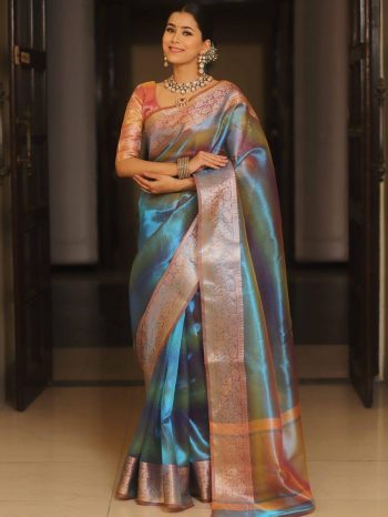 FANCY TISSUE SILK JACQUARD BORDER WITH SHINING PALLU WORK SAREE WITH UNSTITCHED BLOUSE MULTI