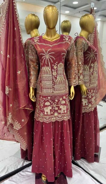 FANCY TWILL NET EMBROIDERY SEQUENCE WORK TOP PALAZZO WITH DUPATTA PEACH
