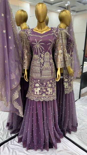FANCY TWILL NET EMBROIDERY SEQUENCE WORK TOP PALAZZO WITH DUPATTA LAVENDER