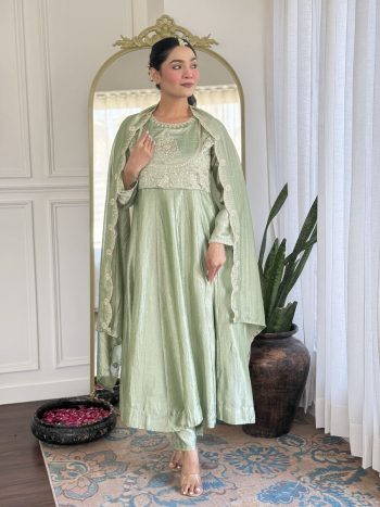 FANCY VICHITRA SILK EMBROIDERY  SEQUENCE CODING WORK TOP BOTTOM WITH DUPATTA PISTA