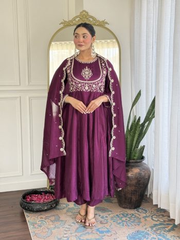 FANCY VICHITRA SILK EMBROIDERY  SEQUENCE CODING WORK TOP BOTTOM WITH DUPATTA WINE