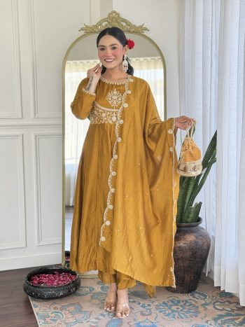 FANCY VICHITRA SILK EMBROIDERY  SEQUENCE CODING WORK TOP BOTTOM WITH DUPATTA YELLOW