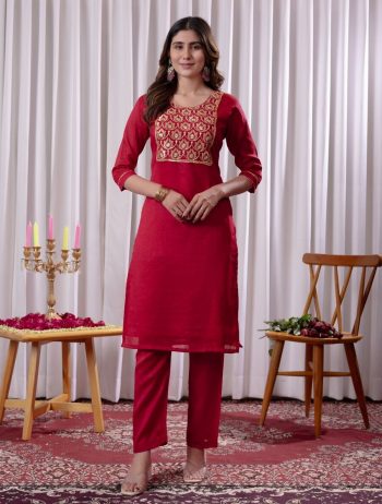 FANCY VICHITRA SILK EMBROIDERY WORK TOP BOTTOM SET  RED