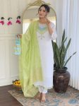 FANCY VISCOSE CHANDERI SEQUENCE CODING EMBROIDERY WORK TOP BOTTOM WITH DUPATTA  WHITE
