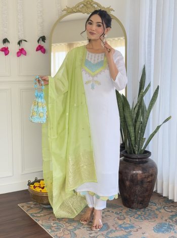 FANCY VISCOSE CHANDERI SEQUENCE CODING EMBROIDERY WORK TOP BOTTOM WITH DUPATTA  WHITE