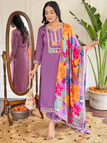 FANCY VISCOSE SLUB EMBROIDERY WORK TOP BOTTOM WITH DUPATTA PINK