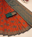 FASHIONABLE BANARASI SOFT SILK ZARI WEAVING BORDER WORK SAREE WITH UNSTITCHED BLOUSE ORANGE